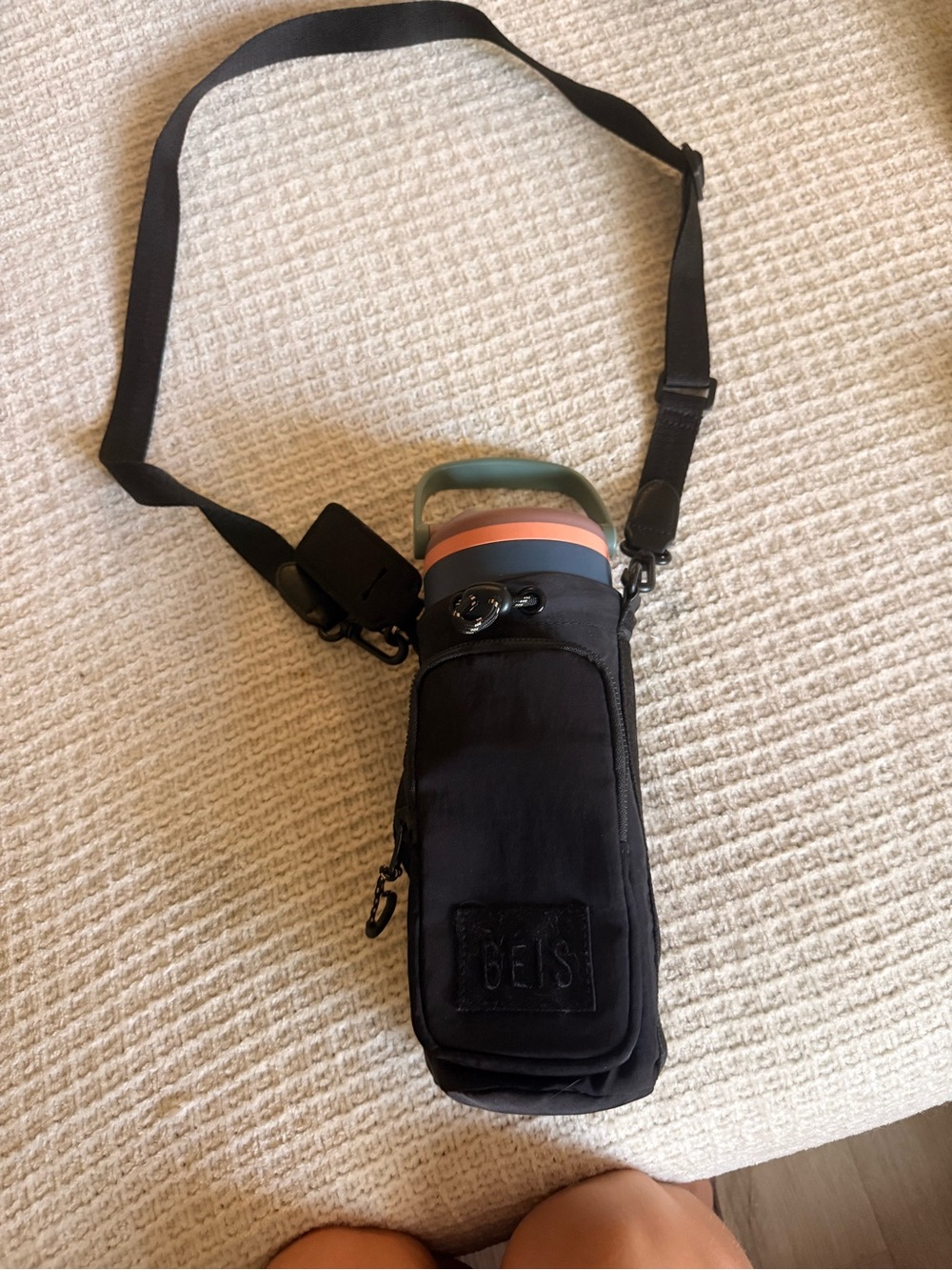 BEIS Black Crossbody Bottle Carrier with Pink and Green Accent